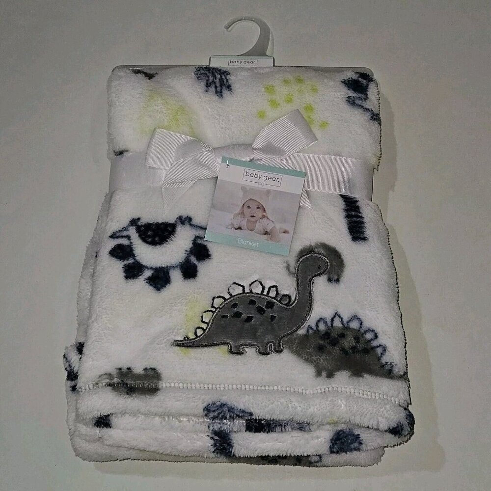NEW Baby Gear Dinosaur Elephant Fleece Baby Blanket Lovey Gray Blue White